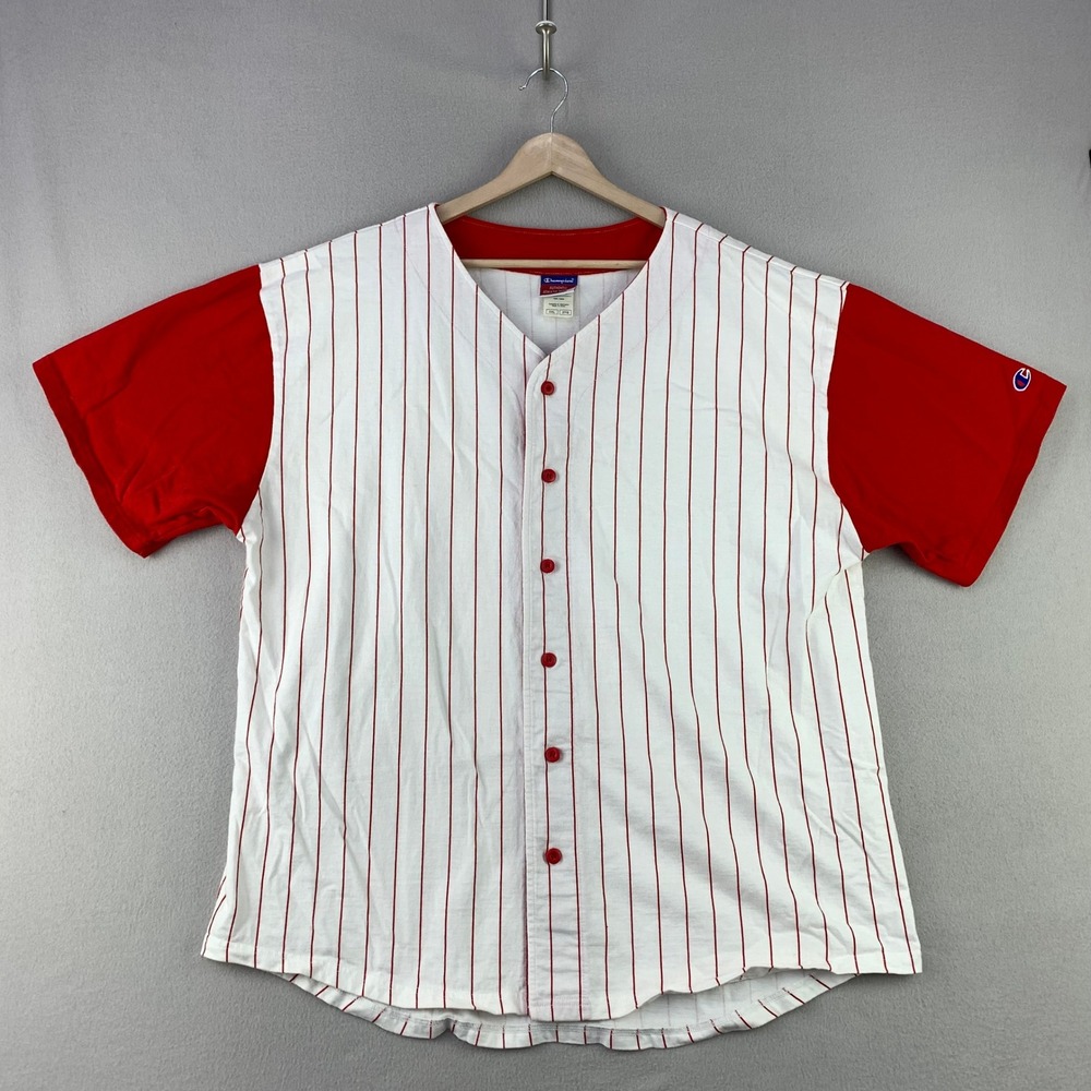 Vintage Champion Baseball Jersey Shirt Mens 3XL Red Pinstripe Button Front 90s